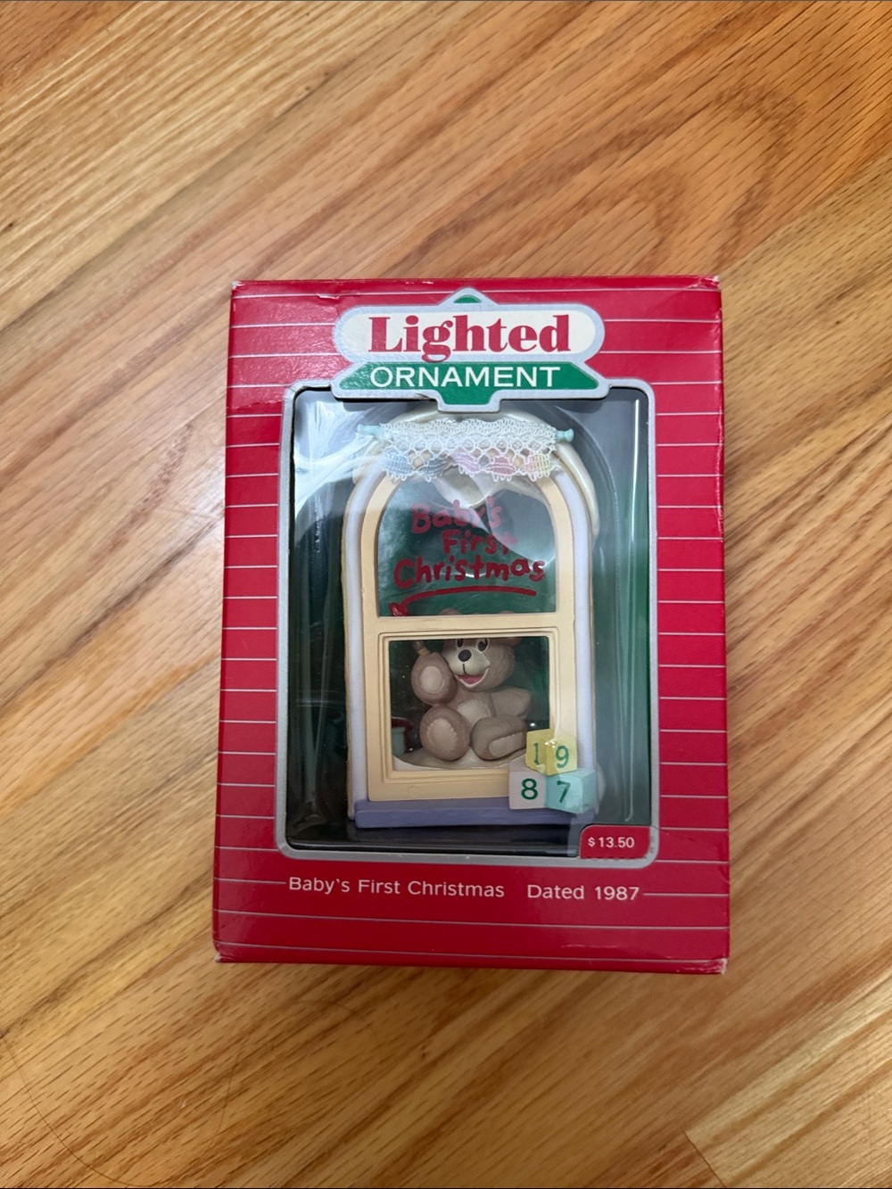 Hallmark Lighted Ornament Red Green Gold Baby's First Christmas